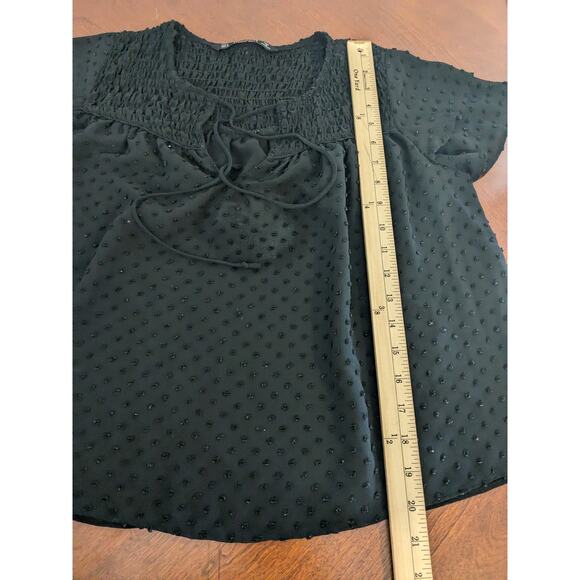 Zara Flare Blouse S Black Draped Loose Fit Tie Front Smocked Pleated Flounce Top - Picture 7 of 11